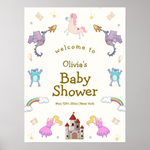 Cute Princess Dragon Unicorn Baby Shower Welcome Poster