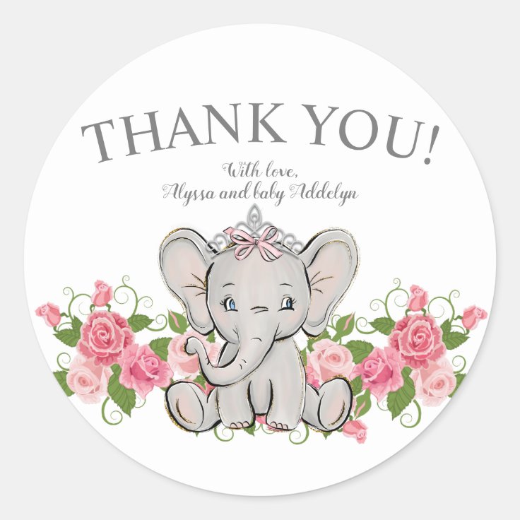 Cute Princess Elephant Baby Girl Shower Thank You Classic Round Sticker ...