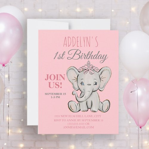 Cute Princess Elephant Little Girls 1st Birthday  Invitation