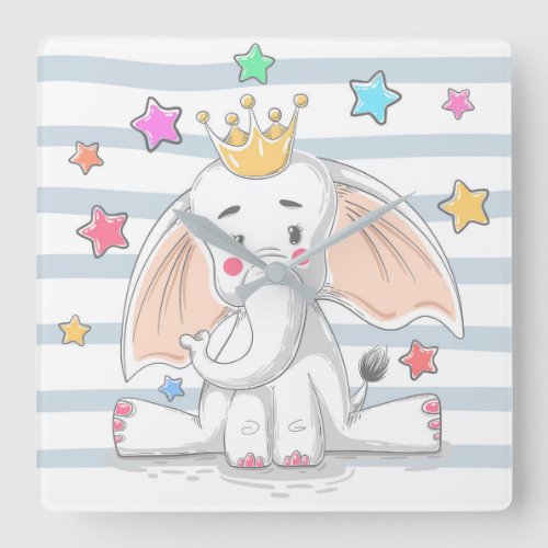 Cute Princess Elephant Square Wall Clock