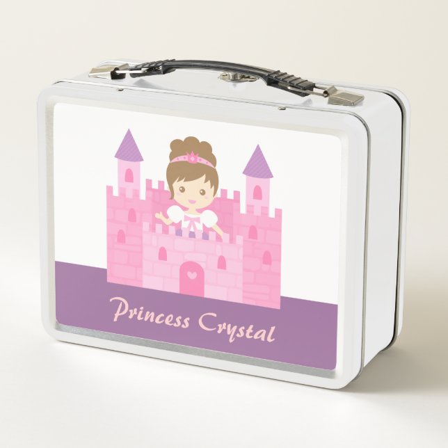 Cute Princess Girl in Pink Castle Personalized Metal Lunch Box (Back)