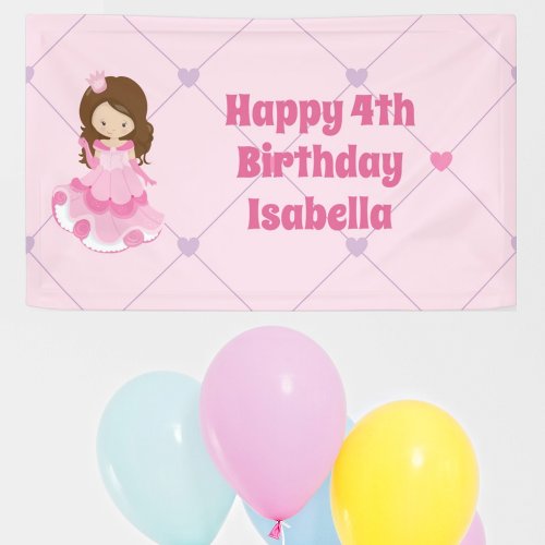 Cute Princess Girl Pink Custom Kids Happy Birthday Banner