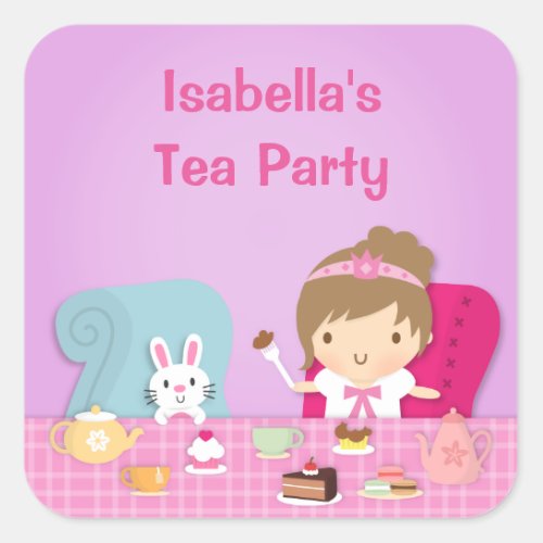 Cute Princess Girl Tea Party Birthday Square Sticker