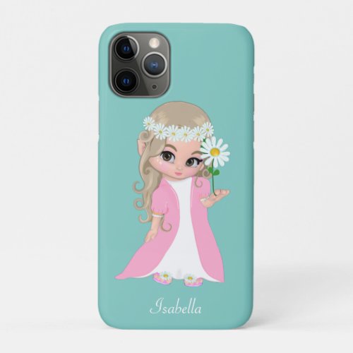 Cute Princess Holding a Flower on Light Teal iPhone 11 Pro Case