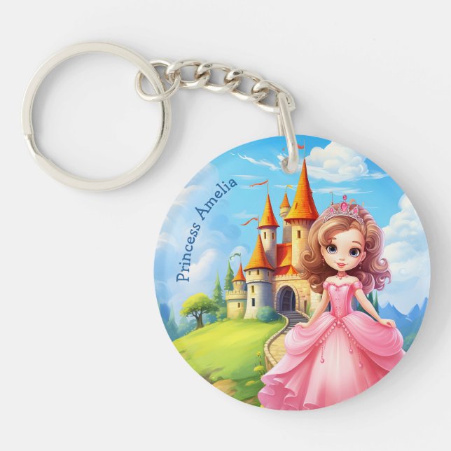 Cute Princess in a Fairy Tale Castle Personalized Keychain (Front)