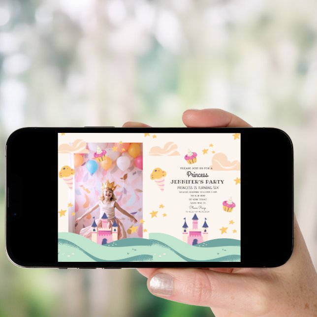 Cute Princess Photo Pink Castle Birthday Party Invitation (Front Digital)