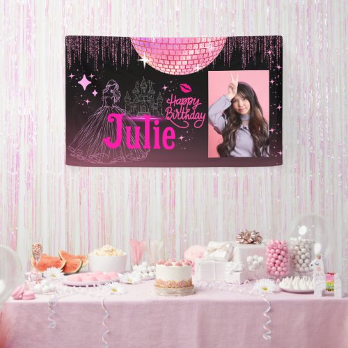 cute princess pink and black birthday party  banner