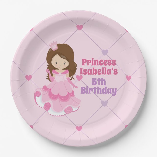 Cute Princess Pink Purple Girls Birthday Party Paper Plates (Front)