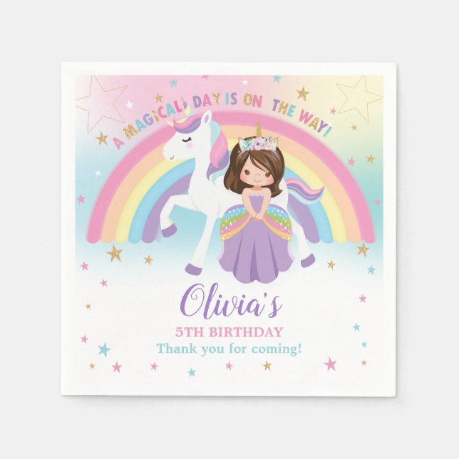 Cute Princess & Unicorn Birthday Party Rainbow  Napkins (Front)