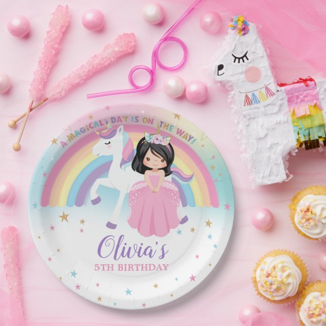 Cute Princess & Unicorn Birthday Party Rainbow  Paper Plates (Party)