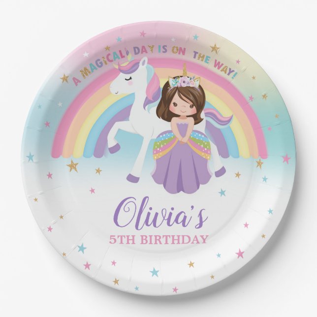 Cute Princess & Unicorn Birthday Party Rainbow  Paper Plates (Front)