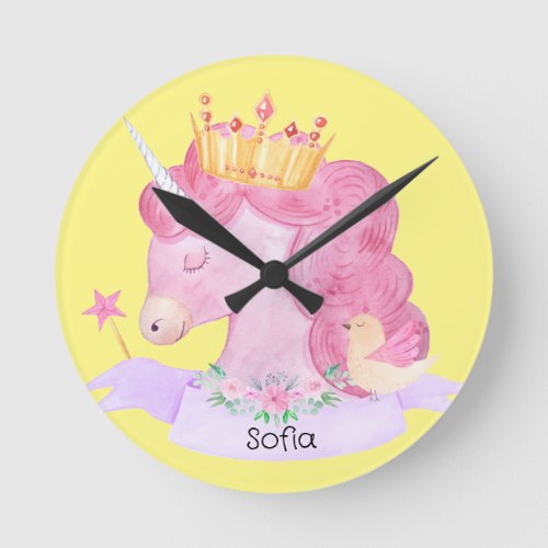 Cute Princess Unicorn Custom Name   Round Clock