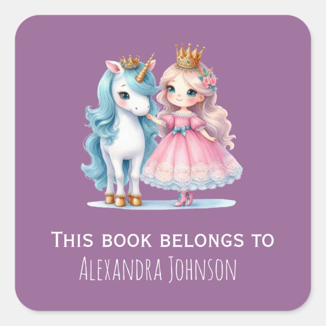 Cute Princess & Unicorn Lavender Kids Labels (Front)