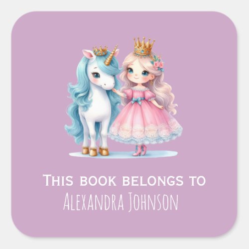 Cute Princess Unicorn This Book Belongs Purple Square Sticker