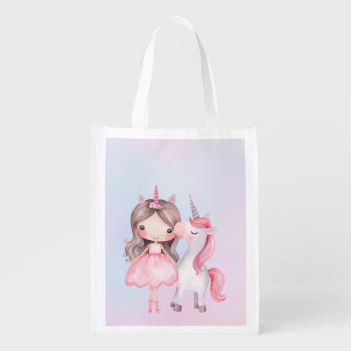 Cute Princess Unicorn Watercolor Rainbow Color Grocery Bag