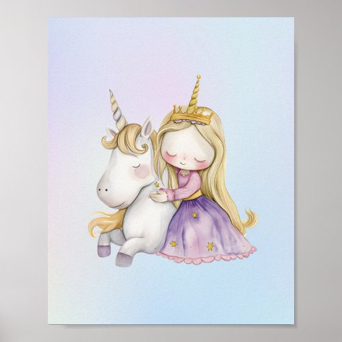 Cute Princess Unicorn Watercolor Rainbow Color Poster