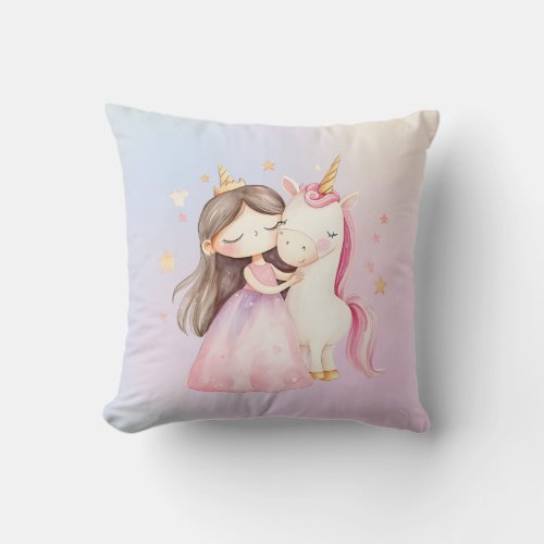 Cute Princess Unicorn Watercolor Rainbow Color Throw Pillow