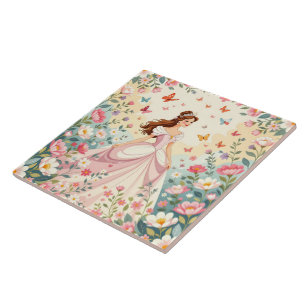 Cute princess with butterflies ceramic tile
