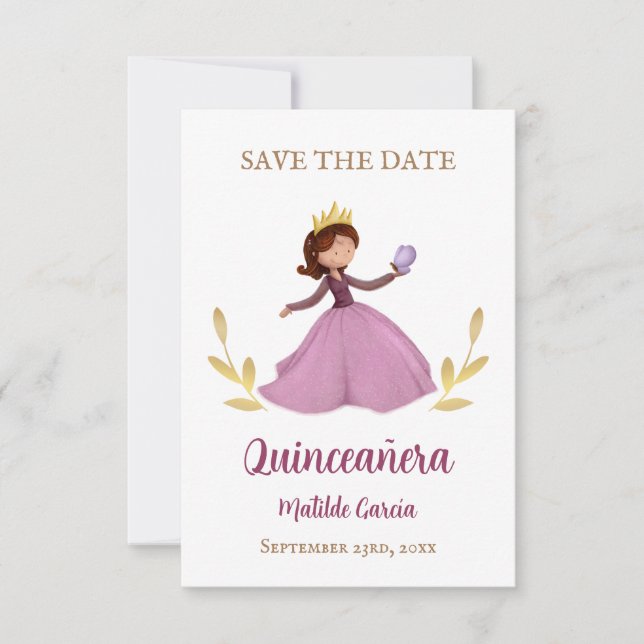 Cute princess with butterfly quinceanera save the date (Front)