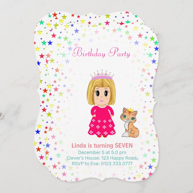 Cute Princess with Kitty Cat 7th Birthday Invitati Invitation (Front/Back)