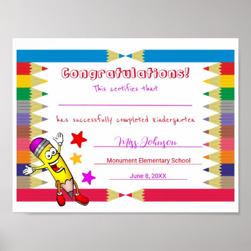 Cute Printable Kindergarten Graduation Certificate Poster