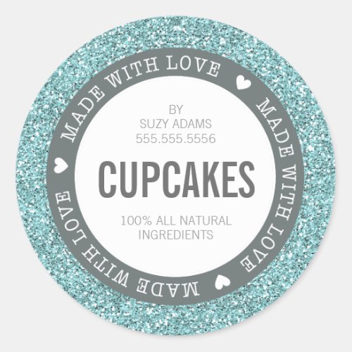 CUTE PRODUCT LABEL made with love glitter blue