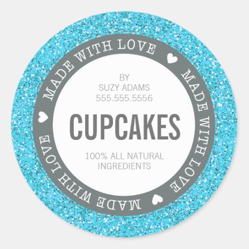 CUTE PRODUCT LABEL made with love glitter blue
