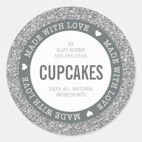 CUTE PRODUCT LABEL made with love glitter silver