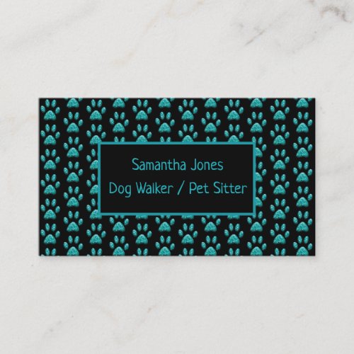 Cute Professional Dog Walker Black Teal Paw Print Business Card