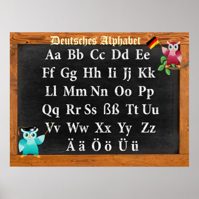 Cute Professor Owl German Deutsches Alphabet Poster (Front)