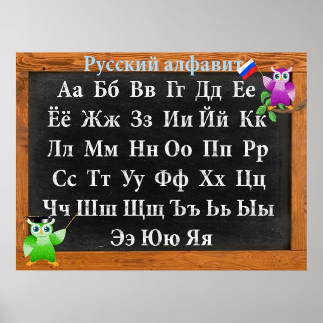 Cute Professor Owl Russian Alphabet Poster (Front)