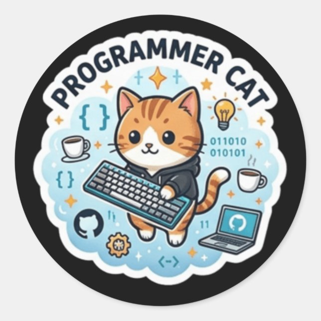 Cute Programmer Cat Coding Laptop Sticker | Funny  (Front)