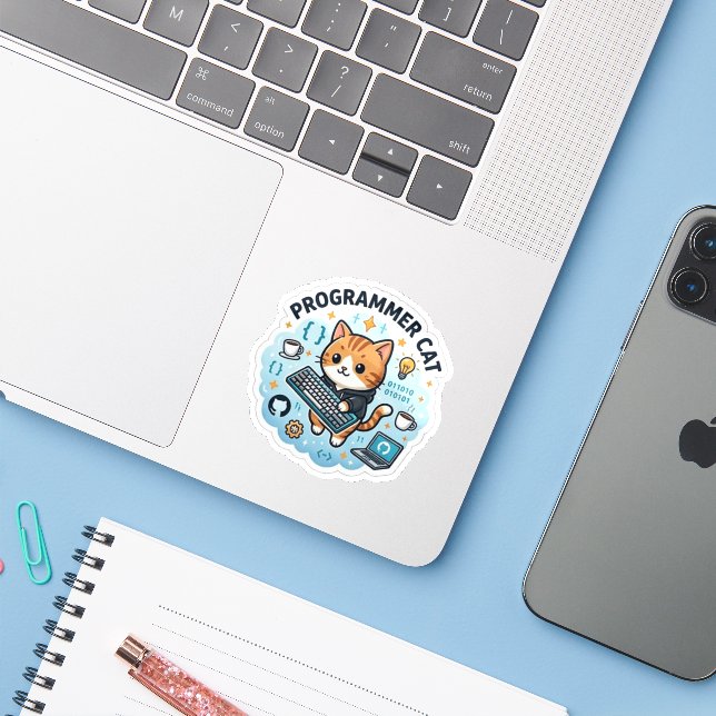 Cute Programmer Cat Coding Vinyl Sticker | Develop (Laptop w/ iPhone)