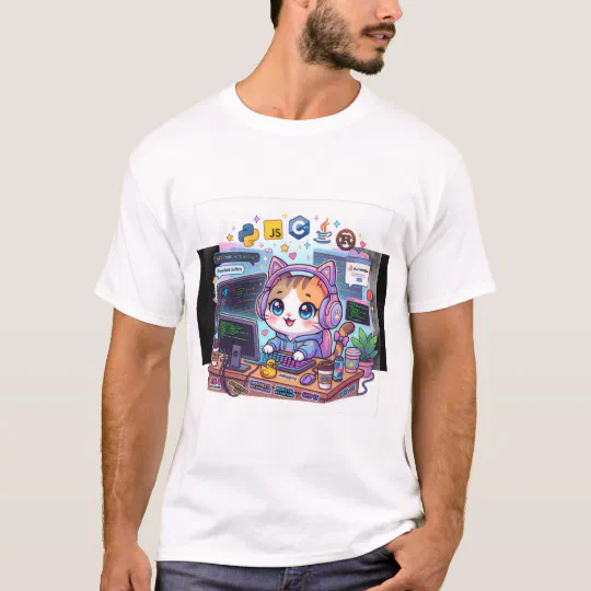 Cute Programmer Cat T-Shirt | Kawaii Coding Cat wi