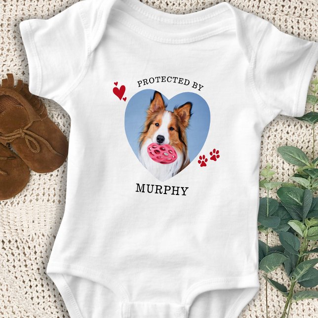 Cute Protected By Dog Custom Heart Pet Photo Baby Bodysuit (Creator Uploaded)