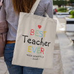 Cute PTA Gift | Best Teacher Ever Tote Bag<br><div class="desc">Say thank you with this teacher appreciation tote gift bag featuring a cute red heart,  the words "best teacher ever" in a colorful typographic design,  their name,  and the year.</div>