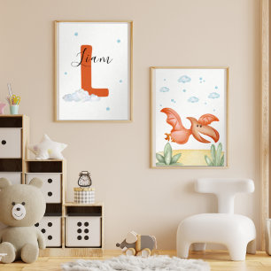 Cute Pterodactyl Nursery Wall Art Set Custom Name
