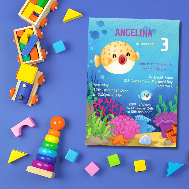 Cute Puffer Fish Blue Ocean Birthday Invitation (Creator Uploaded)