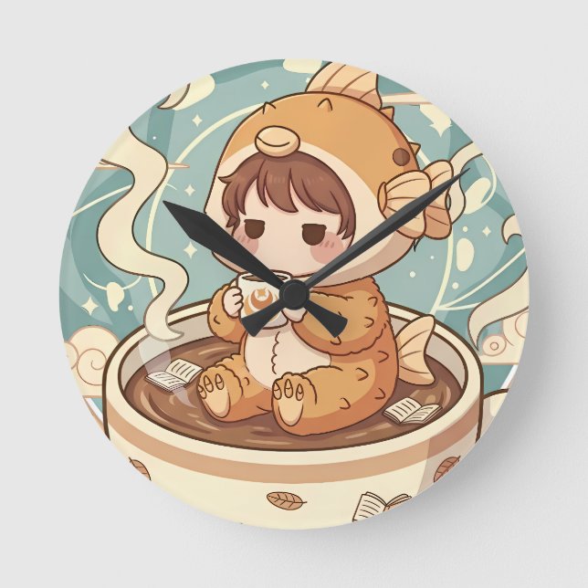 Cute Puffer Fish Coffee & Reading Art Round Clock (Front)