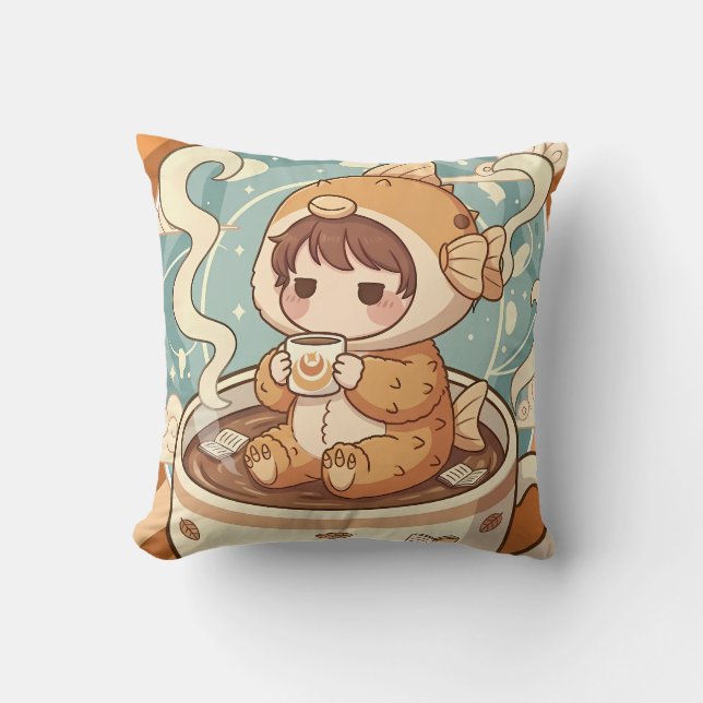 Cute Puffer Fish Coffee & Reading Art Throw Pillow (Front)