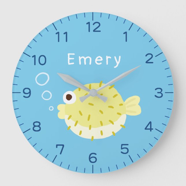 Cute Puffer Fish Personalized Kids Wall Clock (Front)