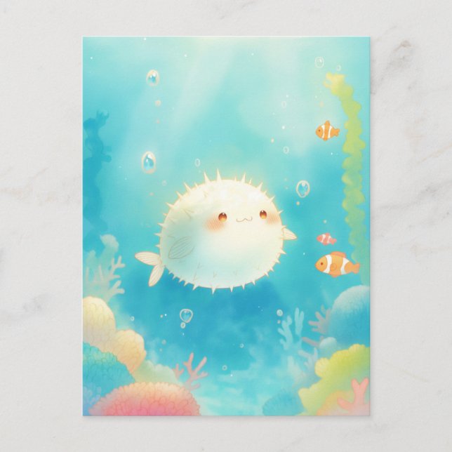 Cute Pufferfish in Pastel Coral Reef Postcard (Front)