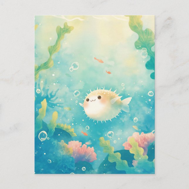 Cute Pufferfish in Sunny Coral Reef Postcard (Front)
