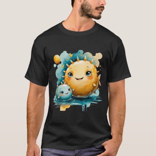 Cute Pufferfish Mom and Baby with Balloon Watercol T-Shirt