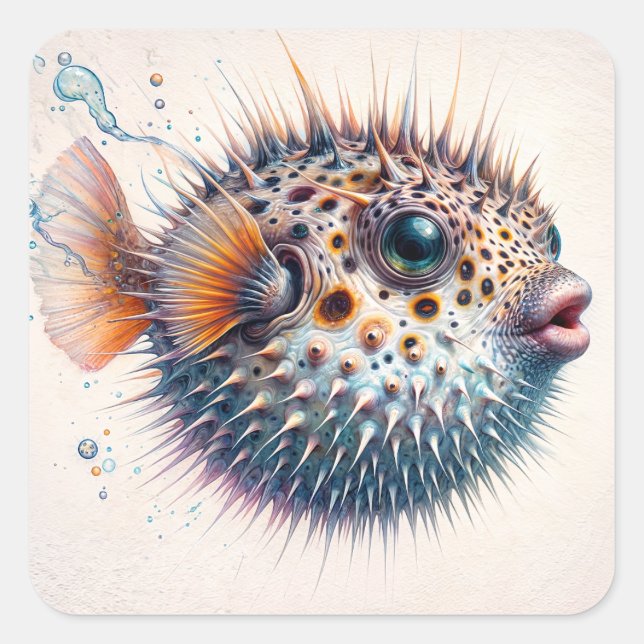 Cute Pufferfish Sea Life Art Square Sticker (Front)