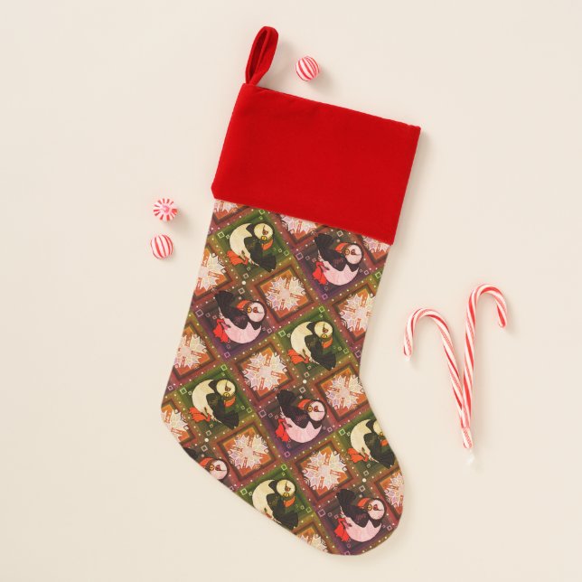 Cute Puffin Birds Winter Pattern Christmas Stockin Stocking (Front)