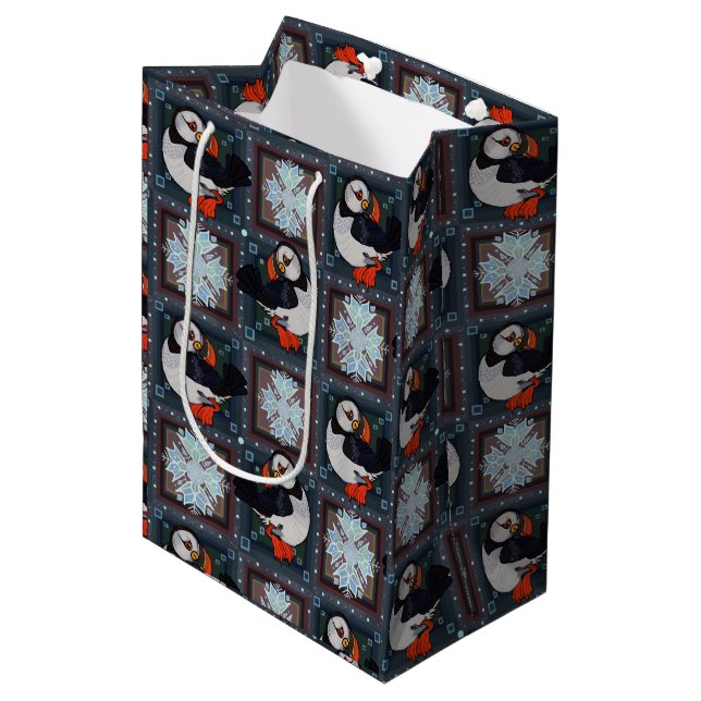 Cute Puffin Birds Winter Pattern Medium Gift Bag (Front Angled)