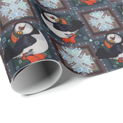Cute Puffin Birds Winter Pattern Wrapping Paper