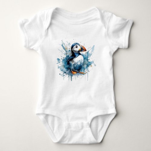 Cute puffin in blue watercolor baby bodysuit