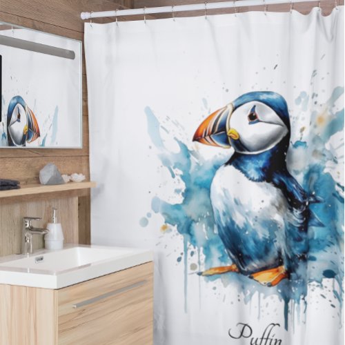 Cute puffin in blue watercolor customizable shower curtain